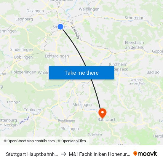 Stuttgart Hauptbahnhof (Oben) to M&I Fachkliniken Hohenurach Haus 1 map