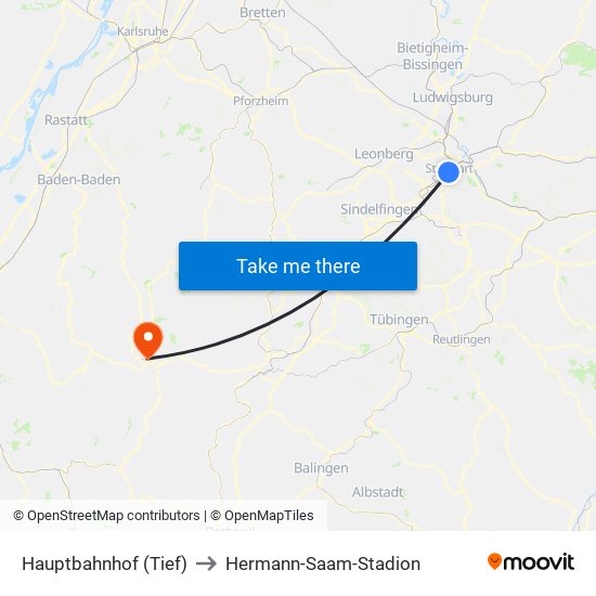 Hauptbahnhof (Tief) to Hermann-Saam-Stadion map