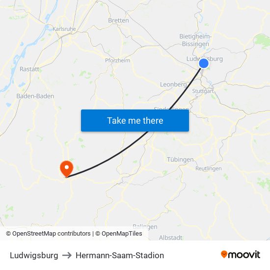 Ludwigsburg to Hermann-Saam-Stadion map