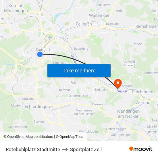 Rotebühlplatz Stadtmitte to Sportplatz Zell map