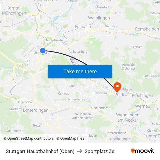 Stuttgart Hauptbahnhof (Oben) to Sportplatz Zell map