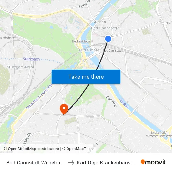 Bad Cannstatt Wilhelmsplatz to Karl-Olga-Krankenhaus GmbH map