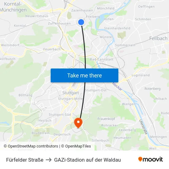 Fürfelder Straße to GAZi-Stadion auf der Waldau map