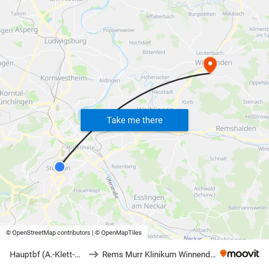 Hauptbf (A.-Klett-Pl.) to Rems Murr Klinikum Winnenden map