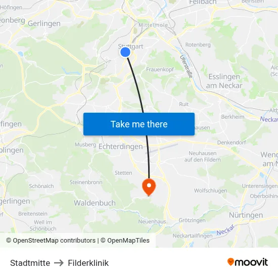 Stadtmitte to Filderklinik map