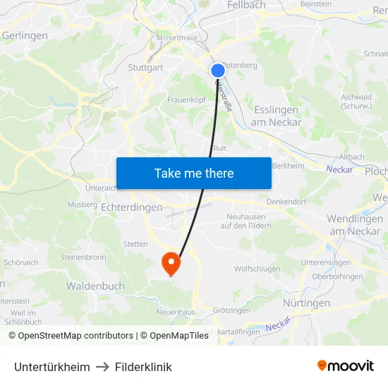 Untertürkheim to Filderklinik map