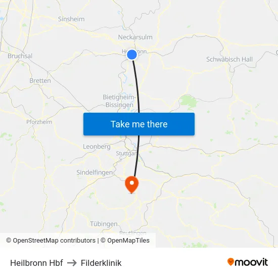 Heilbronn Hbf to Filderklinik map