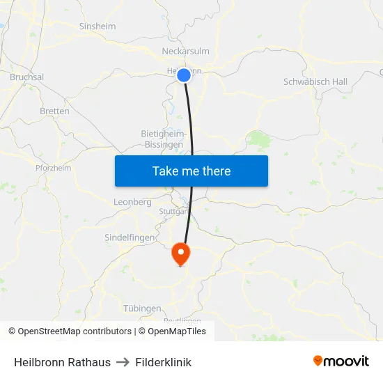 Heilbronn Rathaus to Filderklinik map