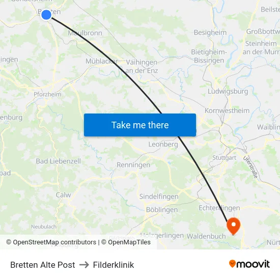 Bretten Alte Post to Filderklinik map