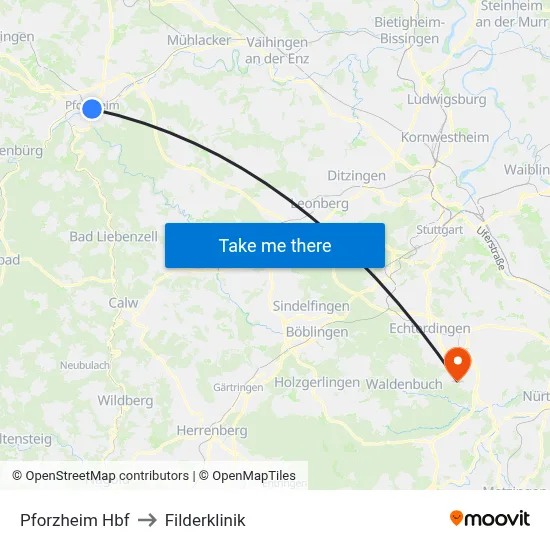 Pforzheim Hbf to Filderklinik map