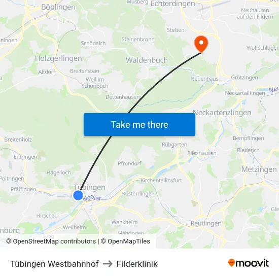 Tübingen Westbahnhof to Filderklinik map