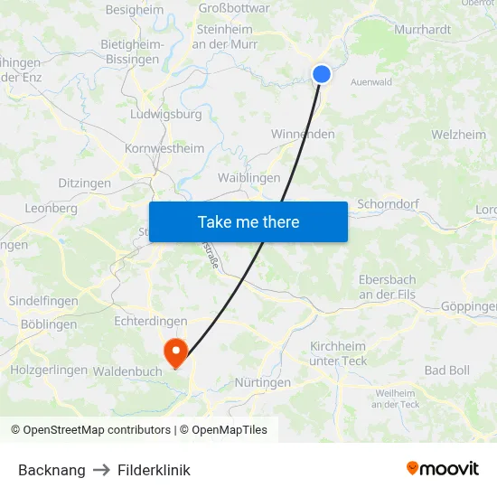 Backnang to Filderklinik map