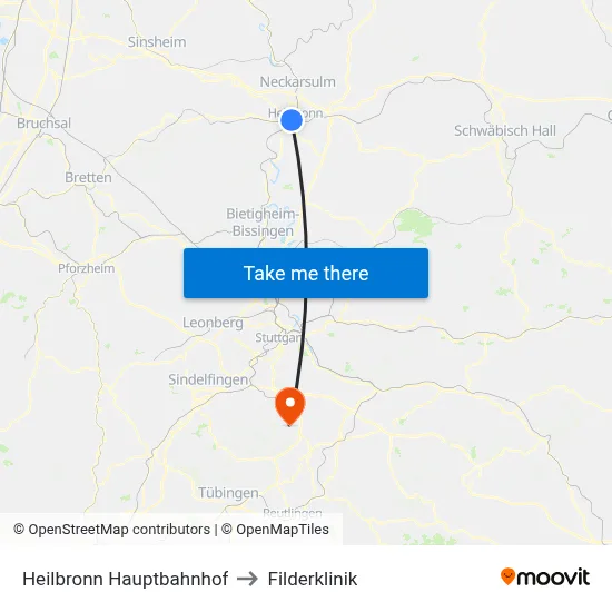 Heilbronn Hauptbahnhof to Filderklinik map