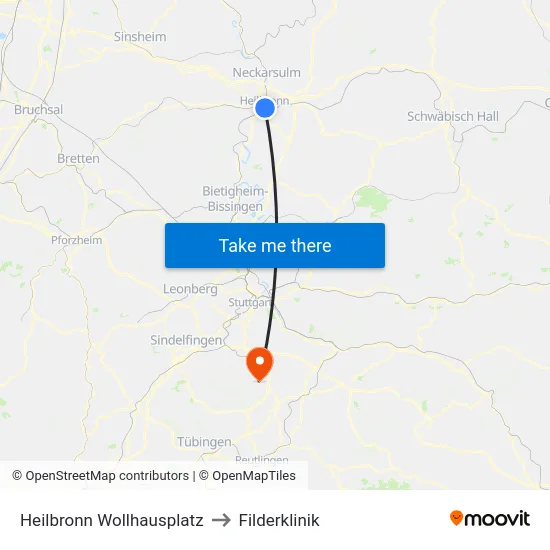 Heilbronn Wollhausplatz to Filderklinik map