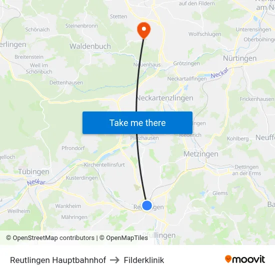 Reutlingen Hauptbahnhof to Filderklinik map