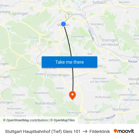 Stuttgart Hauptbahnhof (Tief) Gleis 101 to Filderklinik map