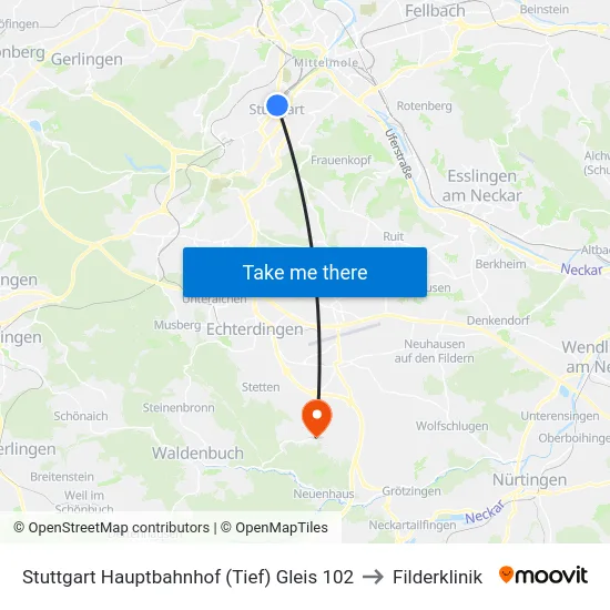 Stuttgart Hauptbahnhof (Tief) Gleis 102 to Filderklinik map