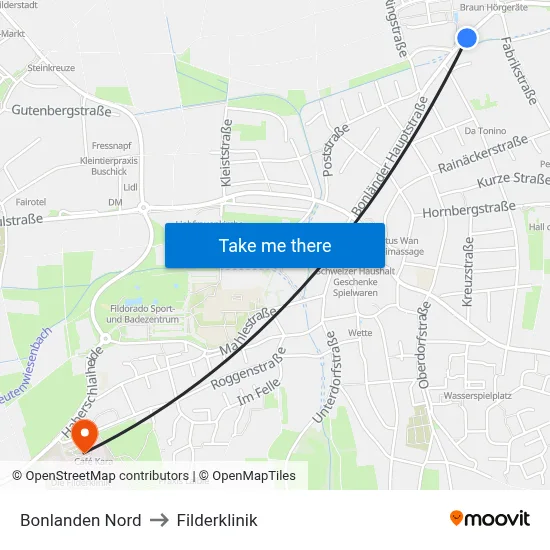 Bonlanden Nord to Filderklinik map