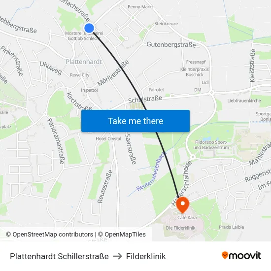 Plattenhardt Schillerstraße to Filderklinik map