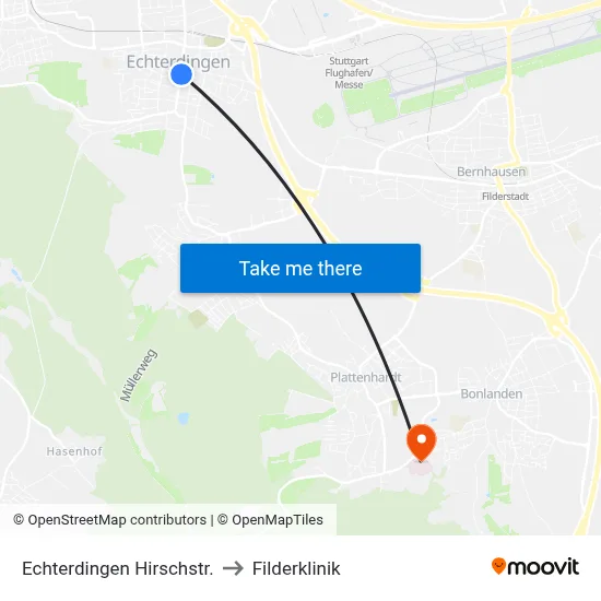 Echterdingen Hirschstr. to Filderklinik map