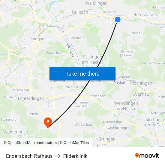 Endersbach Rathaus to Filderklinik map