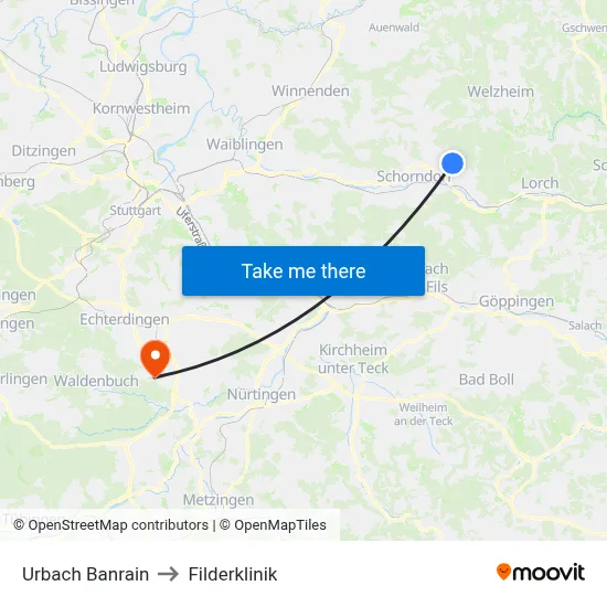 Urbach Banrain to Filderklinik map