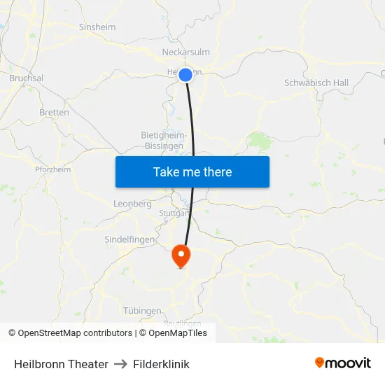 Heilbronn Theater to Filderklinik map