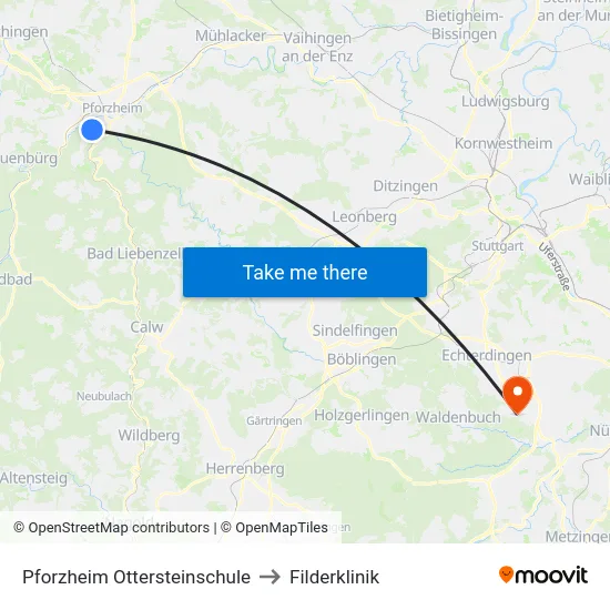 Pforzheim Ottersteinschule to Filderklinik map