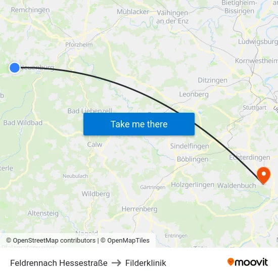 Feldrennach Hessestraße to Filderklinik map