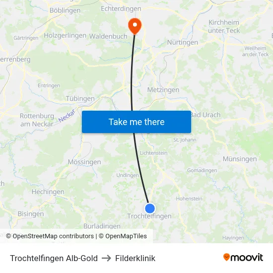 Trochtelfingen Alb-Gold to Filderklinik map