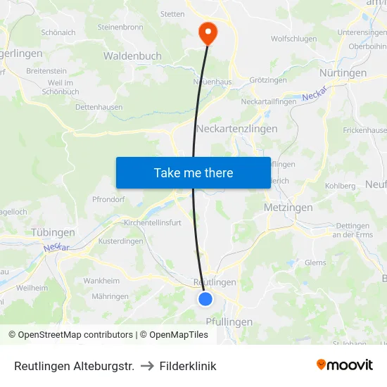 Reutlingen Alteburgstr. to Filderklinik map