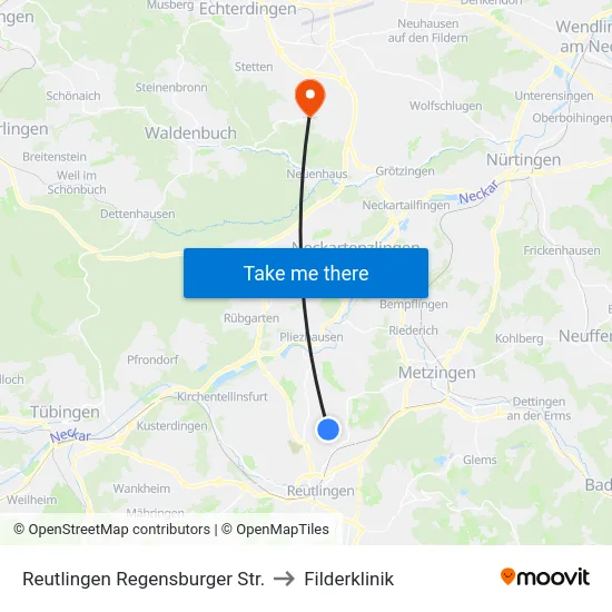 Reutlingen Regensburger Str. to Filderklinik map