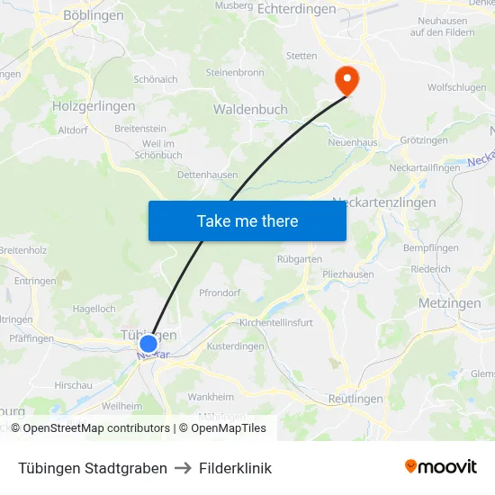 Tübingen Stadtgraben to Filderklinik map