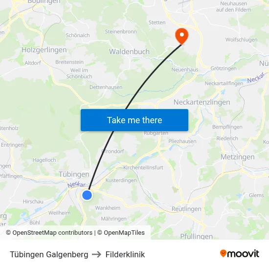 Tübingen Galgenberg to Filderklinik map