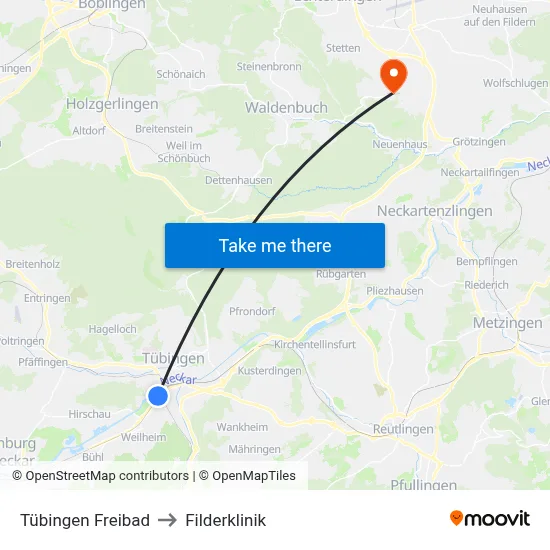 Tübingen Freibad to Filderklinik map