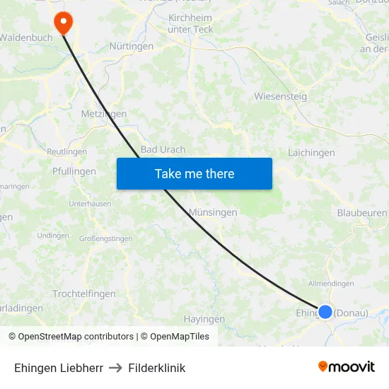 Ehingen Liebherr to Filderklinik map