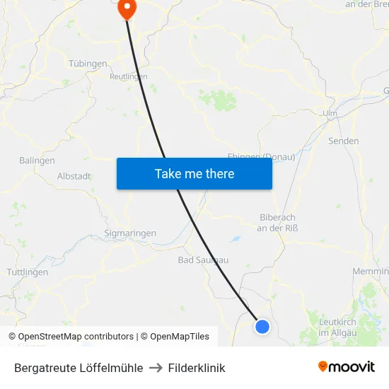 Bergatreute Löffelmühle to Filderklinik map
