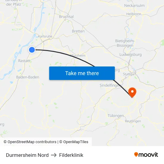 Durmersheim Nord to Filderklinik map