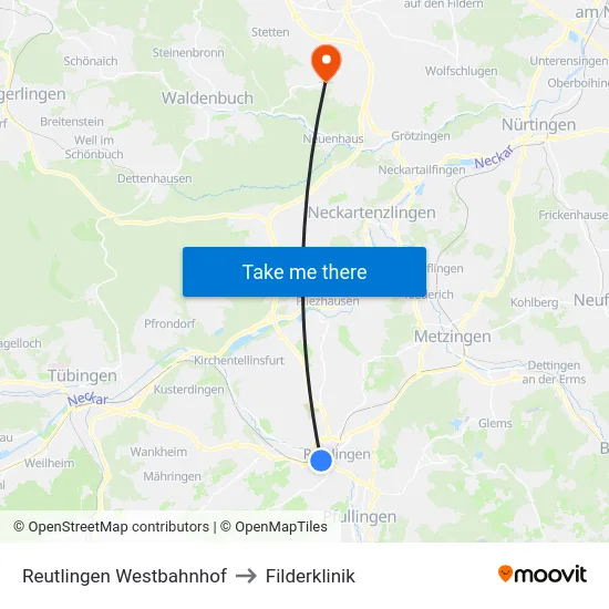 Reutlingen Westbahnhof to Filderklinik map