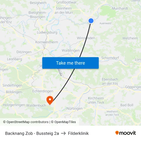 Backnang Zob - Bussteig 2a to Filderklinik map
