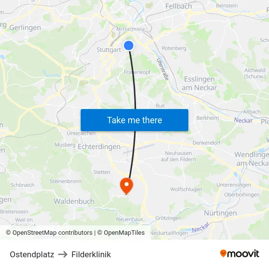 Ostendplatz to Filderklinik map