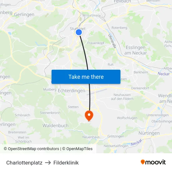 Charlottenplatz to Filderklinik map
