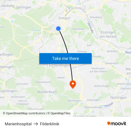 Marienhospital to Filderklinik map