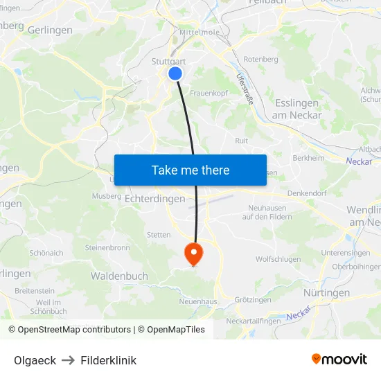 Olgaeck to Filderklinik map