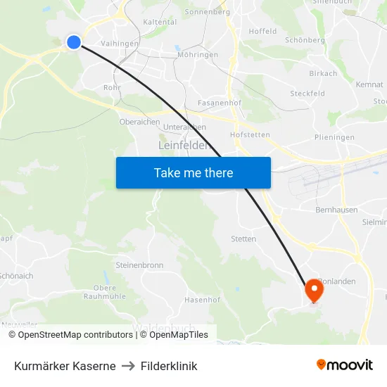 Kurmärker Kaserne to Filderklinik map