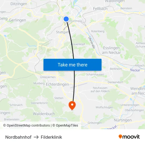 Nordbahnhof to Filderklinik map