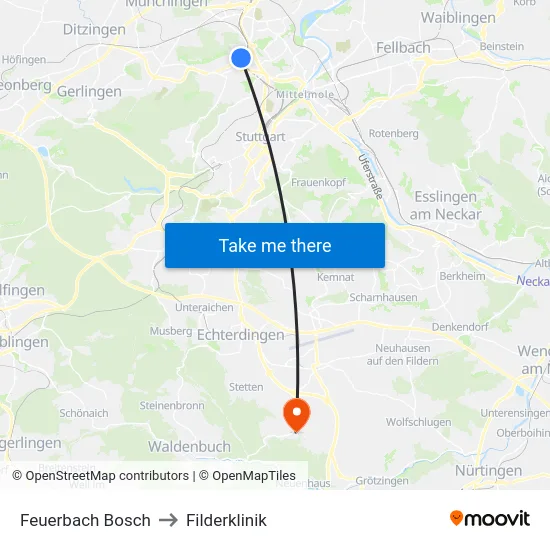 Feuerbach Bosch to Filderklinik map