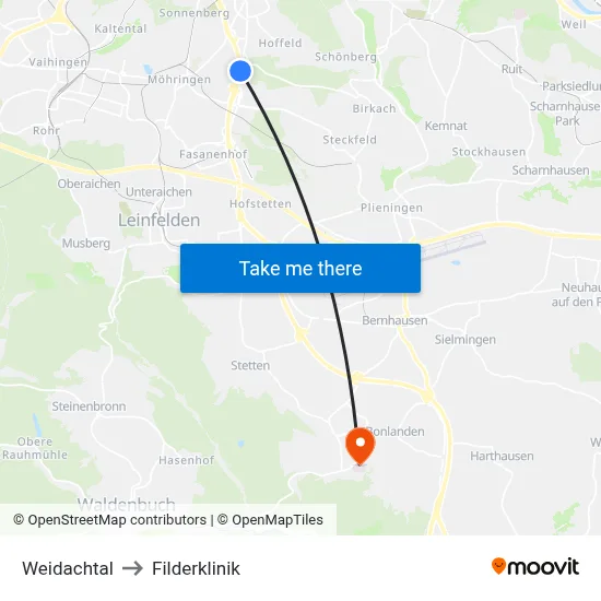 Weidachtal to Filderklinik map
