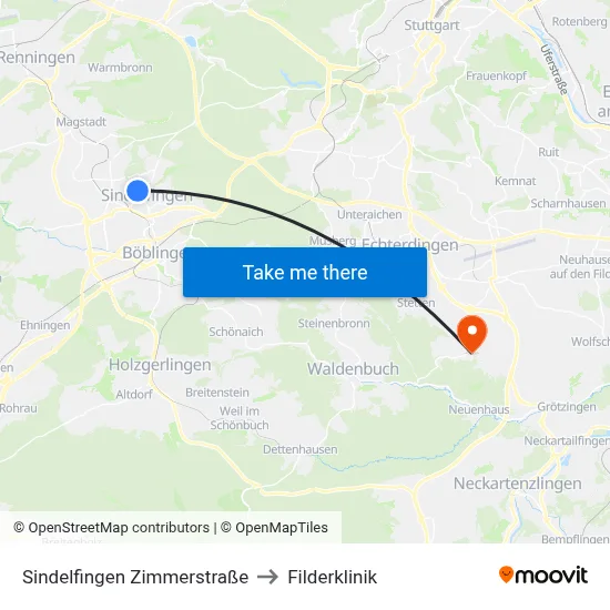 Sindelfingen Zimmerstraße to Filderklinik map