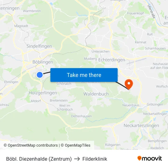 Böbl. Diezenhalde (Zentrum) to Filderklinik map
